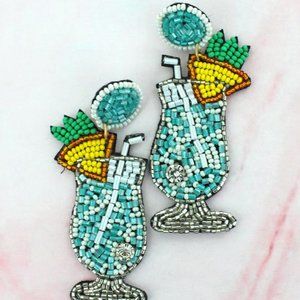 Nwt: 3" Turquoise Seed Bead Wine Glass Earrings
